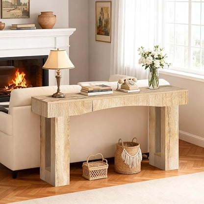 63 Inch Long Entryway Table Hollow, Wooden Console Table with Socket Farmhouse Sofa Table for Entrance, Hallway, Living Room,Behind Couch(Natural Brown)