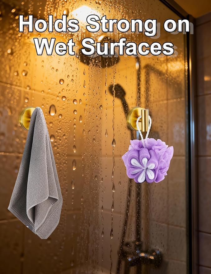 4-Pack Suction Cup Hooks, Heavy Duty 11lb Capacity Shower Hooks for Towels, No-Drill Mounting on Bathroom Glass Mirror Tiles & Smooth Non-Porous Surfaces (Gold)