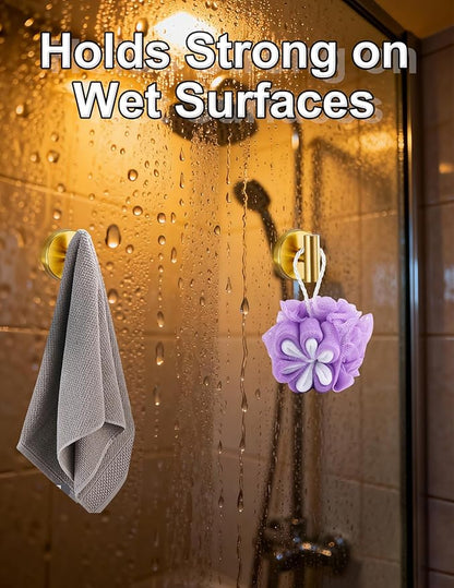 4-Pack Suction Cup Hooks, Heavy Duty 11lb Capacity Shower Hooks for Towels, No-Drill Mounting on Bathroom Glass Mirror Tiles & Smooth Non-Porous Surfaces (Gold)