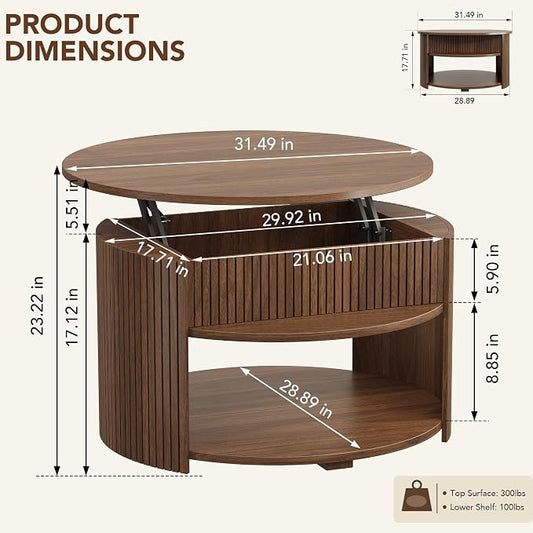 31.5" Round Lift Top Coffee Table with Storage, Fluted Mid-Century Modern Coffee Tables for Living Room, with Hidden Compartment, for Small Spaces & Home Office, Walnut