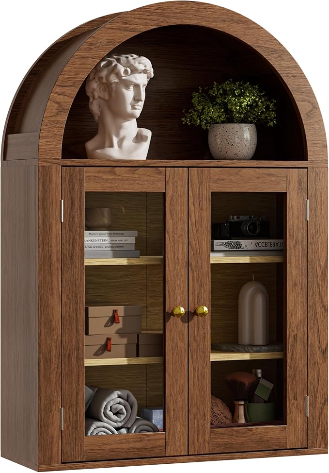 BREEZEHEAT Bathroom Medicine Cabinet Wall Mount-Over The Toilet Storage Cabinet-Arched Wall Cabinet with Glass Doors & Adjustable Shelves, Wood Cabinet for Laundry Room, Kitchen, Living Room, Walnut