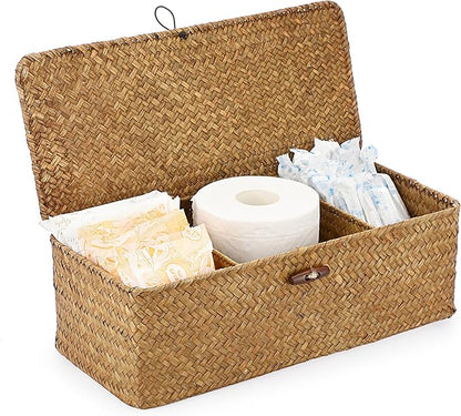 Sumnacon Small Woven Basket for Shelf, Wicker Shelves Storage Baskets with Sections Seagrass Storage Bin with Lid for Tampon Toiletry Rectangular Storage Basket for Bathroom Table Desk Caramel