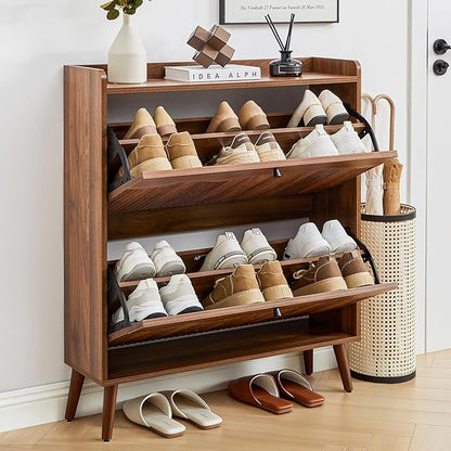 Shoe Storage Cabinet with 2 Flip Doors, 31.5" Narrow Fluted Design for Space Saving, Freestanding Entryway Shoe Organizer for Hallway & Living Room (Walnut)
