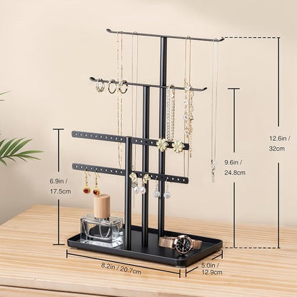pickpiff Jewelry Stand Organizer, 12.5" Tall Sturdy Metal, 3-Tier Jewelry Holder for Necklace, Earring, Bracelet, Ring, Hanger for Display and Storage, Aesthetic Room Decor, Black