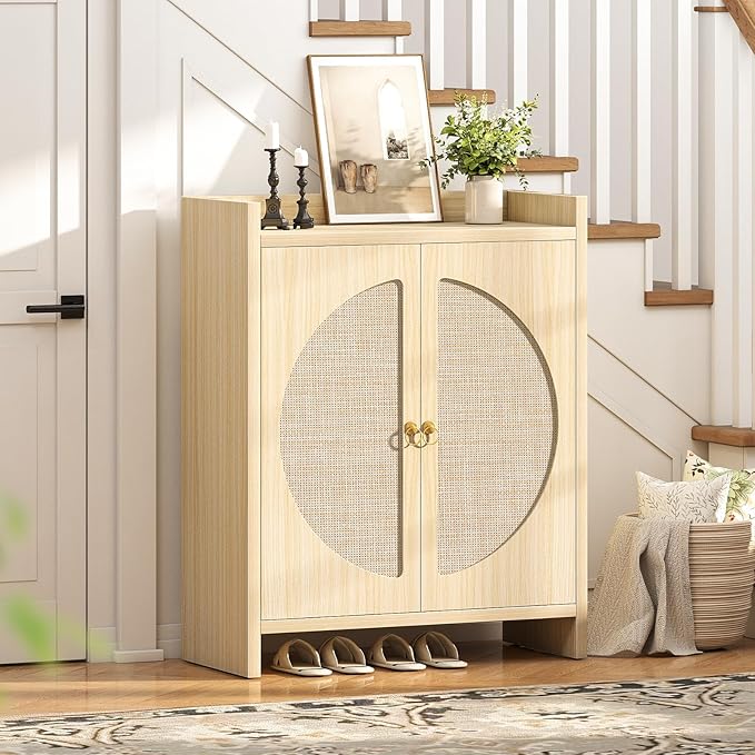 Shoe Cabinet Storage for Entryway - Rattan Entry Way Shoe Storage Cabinet with Adjustable Shelves, Wood Shoe Organizer Cabinet, Accent Cabinet with Doors for Entrance Hallway Living Room Foyer