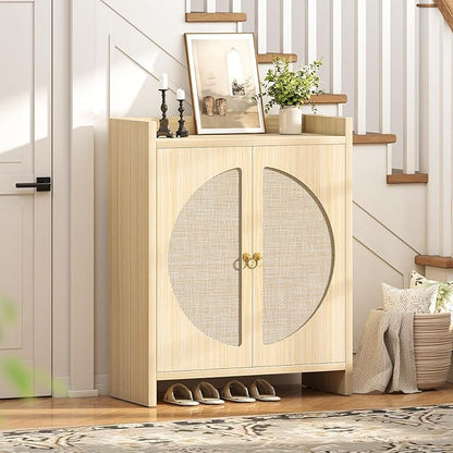 Shoe Cabinet Storage for Entryway - Rattan Entry Way Shoe Storage Cabinet with Adjustable Shelves, Wood Shoe Organizer Cabinet, Accent Cabinet with Doors for Entrance Hallway Living Room Foyer