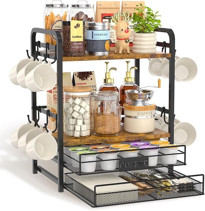 EsLuker.ly Coffee Bar Organizer Station Shelf Mug Holder for Countertop, 4 Tier Mug Holder Stand with 12 Hooks, K Cup Pod Drawer