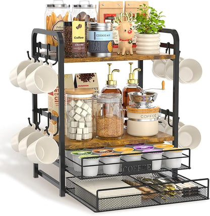 EsLuker.ly Coffee Bar Organizer Station Shelf Mug Holder for Countertop, 4 Tier Mug Holder Stand with 12 Hooks, K Cup Pod Drawer