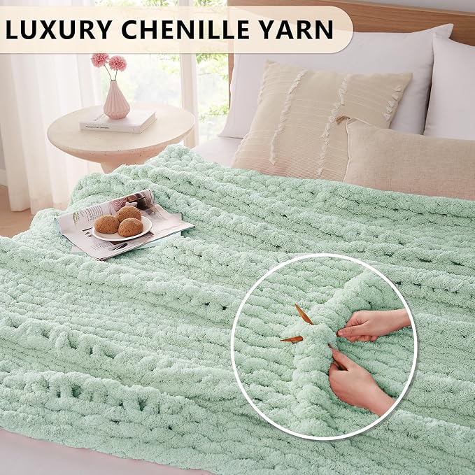 L'AGRATY Chunky Knit Blanket Throw: 60''x80'' Chenille Chunky Knitted Throw Blanket for Bed Couch - Handmade Thick Big Cable Knit Blanket - Large Crochet Rope Blankets for Home Decor(Milky Green)