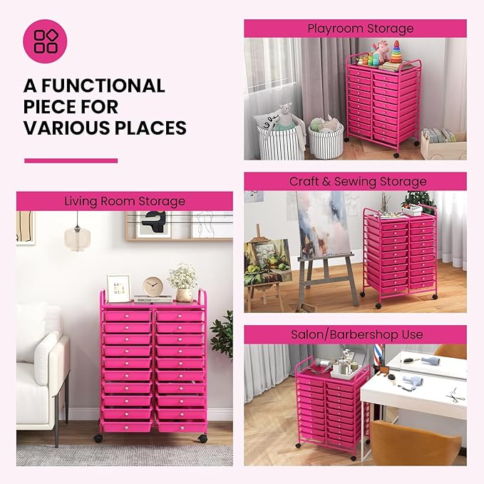 Giantex 20 Drawers Rolling Cart, Mobile Storage Drawer Cart, Classroom Organizer for Office School Supplies Teacher Tools Scrapbook Paper Craft Small Printer, Utility Stand on Wheels, Hot Pink