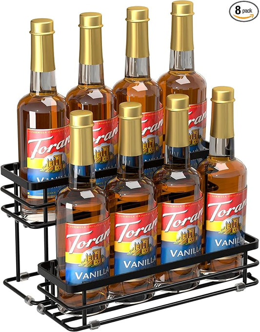 8 Bottle Coffee Syrup Organizer Rack, 2 Tier Coffee Syrup Stand Holder for Coffee Bar, Coffee Syrup Organizer for Countertop, Small Wine Rack for Family, Storage for Syrup, Dressing, Black