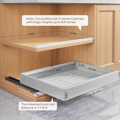 Seinloes 2 Pack Pull Out Cabinet Organizers 21"Deep With Raising Pad for Framed Cabinets,Expandable Slide Out Drawers Upgrade 3 Slide Rails,Roll Out Shelves Adhesive,Adjustable Width 12"-20.45" Silver