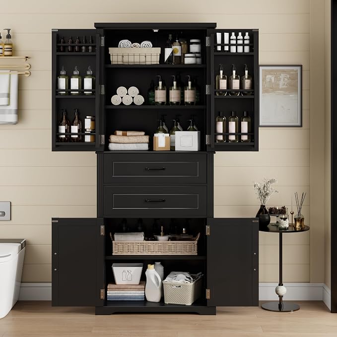 Storage Cabinet,Tall Freestanding Cabinet with Adjustable Shelf | Tall storage cabinet, 4-door design, 5+ shelves, upper door shelves, and 2 pull-out compartments for organized storage