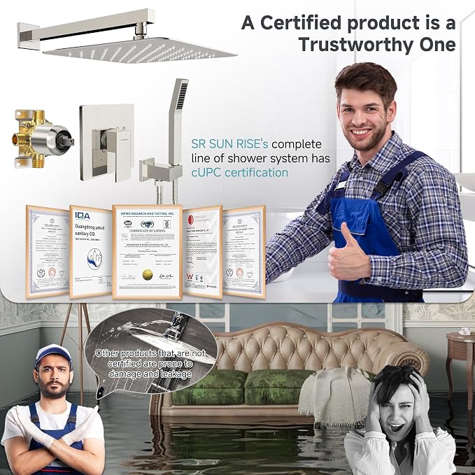 SR SUN RISE Shower Faucet Set & System - 12 Inch Rainfall Shower Head & Handle Set Wall Mounted Brushed Nickel Solid Brass Valve Trim Kit Included