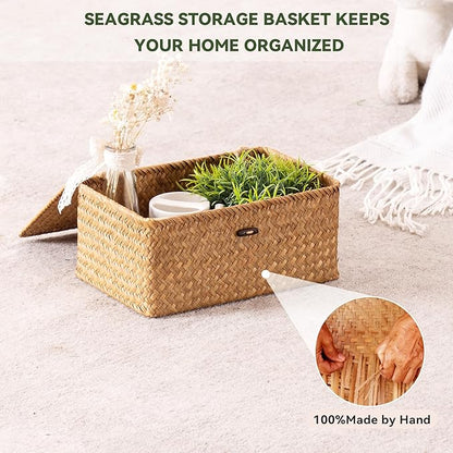Nonam Storage Basket with Lid, Natural Seagrass Bin with Lid Set of 3, Shelf Baskets Multipurpose Container for Boho Decoration, Rectangular Household Storage Boxes for Home Organization-Natural