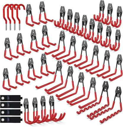 3-H Garage Wall Hooks 45 Pack, Garage Hooks Heavy Duty with Extra Welding Spots, Garage Organizer for Garden, Lawn, Chairs, Ladders, WeedEater, Shovel (Red)