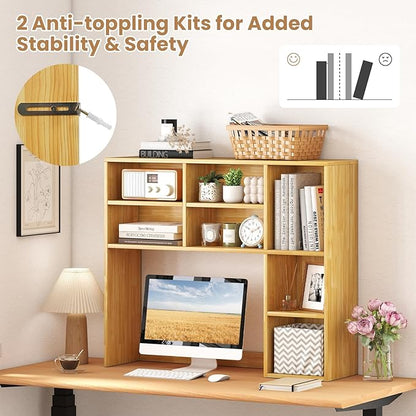 Desk Hutch, Desktop Shelf with 7 Shelves, Desk Bookshelf w/Anti-Toppling Devices, Wood Table Top Bookshelf Organizer, Small Desk Shelf for Study, Office, Dorm (Burlywood, 7 Shelves)