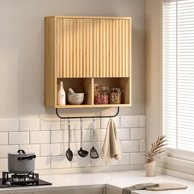 Fluted Wall Cabinet, Modern Medicine Cabinet Bathroom with Doors and Adjustable Shelf Towel Rack Wood Storage Cabinet for Kitchen Dining Room Living Room, Natural Oak