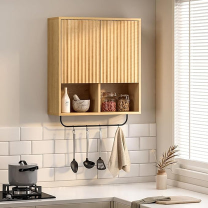 Fluted Wall Cabinets with Doors and Shelves Set of 2, Modern Medicine Cabinet Bathroom Adjustable Shelf Towel Rack Wood Storage Cabinet for Kitchen Dining Room Living Room, Natural Oak