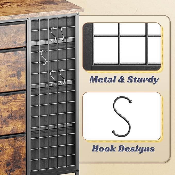 EnHomee 24 Drawers Dresser for Bedroom, Dressers & Chests of Drawers with 4 Wheels and 40" x 23" Wide Wooden Top, Metal Frame, Closet Island with Hooks, Cloakroom, Dressing Room, Rustic Brown