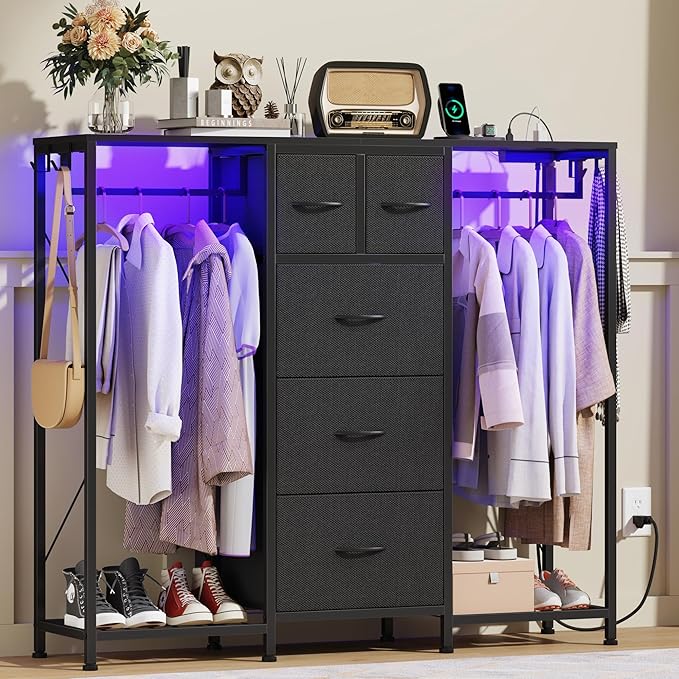 49.2”W Dresser with 2 Hanging Racks, 5 Drawers Dresser with LED Lights & Charging Station, Dressers with Clothes Rack, Shoe Racks and Side Hooks, TV Stand Chest of Drawers for Bedroom, Black