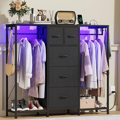 49.2”W Dresser with 2 Hanging Racks, 5 Drawers Dresser with LED Lights & Charging Station, Dressers with Clothes Rack, Shoe Racks and Side Hooks, TV Stand Chest of Drawers for Bedroom, Black