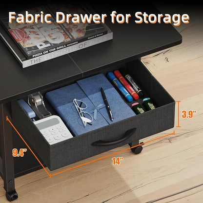 YAOHUOO 22"x15" Large Printer Stand with Drawer, 2-Tier Rolling Table Cart | Under Desk Printer Table,Storage Fabric Drawer,Fit printer/fax/3d/scanner,4 Lock Wheels or Feet,For Home Office Dorms,Black
