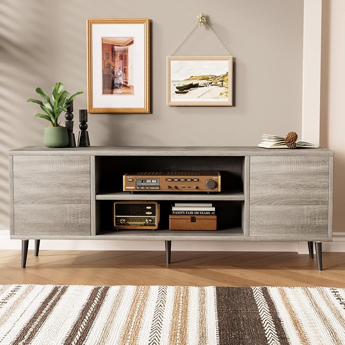 JUMMICO TV Stand for 65 Inch TV, Mid Century Modern TV Stand, Entertainment Center with Storage Cabinet and Open Shelves, TV Console Table Media Cabinet for Living Room, and Bedroom (Gray)