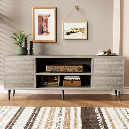 JUMMICO TV Stand for 65 Inch TV, Mid Century Modern TV Stand, Entertainment Center with Storage Cabinet and Open Shelves, TV Console Table Media Cabinet for Living Room, and Bedroom (Gray)