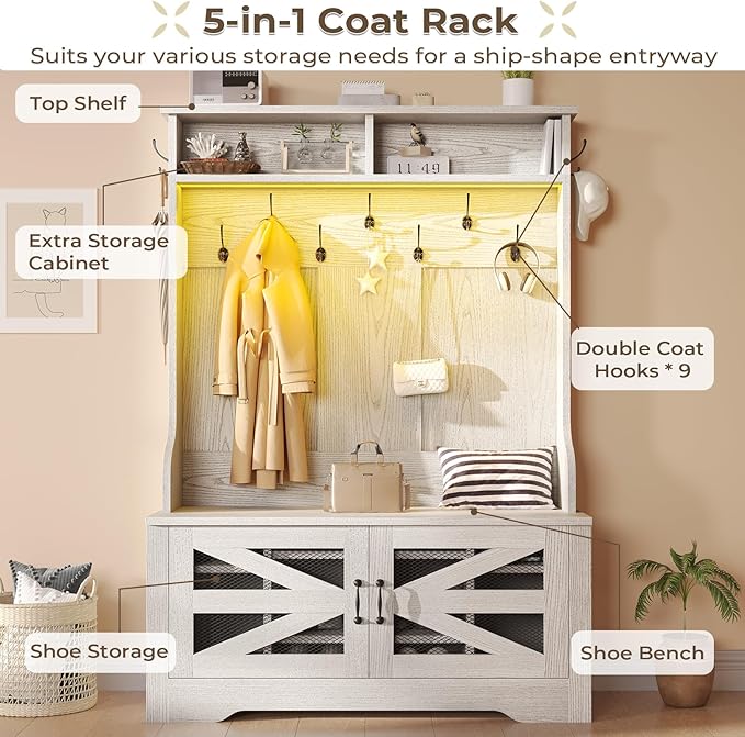 Itaar Hall Tree with Bench and Shoe Storage, 5-in-1 Entryway Bench with Coat Rack, 10 Shoe Cubbies & 9 Coat Hooks, Barn Door & Adjustable Shelf (Embossed White)