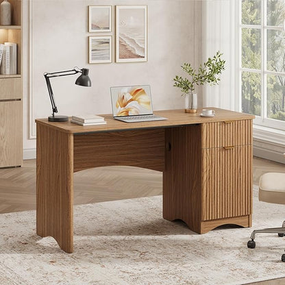 Bestier Computer Desk with Drawer, 47 inch Office Desk with Storage Cabinet, Modern Wood Desk Adjustable Shelves for Home Office & Studio, Brown Oak