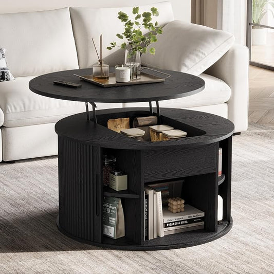 LINSY Lift Top Coffee Table, Round Fluted Coffee Table with Storage, Mid Century Modern Wooden Coffee Tables with Sliding Tambour Door, 31.5" Center Table for Living Room, Office, Small Space, Walnut