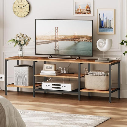 HOOBRO TV Stand with Power Outlets to 75 Inches, TV Console Table with Open Storage Shelves Cabinet, Industrial Media Entertainment Center for Living Room Bedroom, Rustic Brown and Black BF60DS01