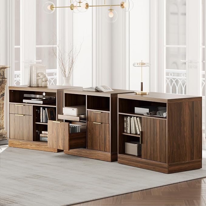 3 Drawer File Cabinet, Fluted Wood Lateral Filing Cabinet with Charging Station for Home Office, Fits for A4/Letter-Sized Files, Printer Stand with Open Storage Shelves, Black Walnut