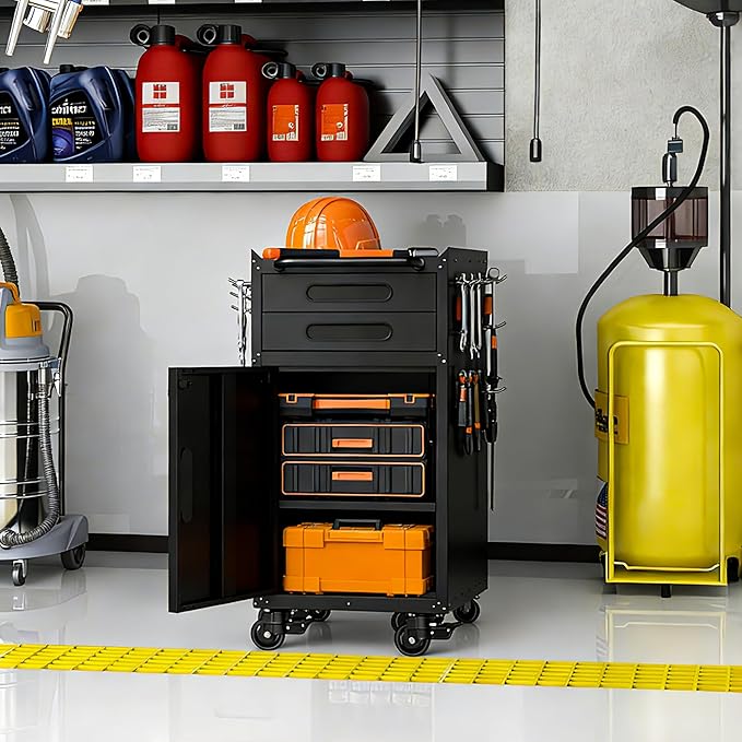Small Garage Storage Cabinet with Wheels, Metal Rolling Tool Cabinet with 2 Drawers and 1 Door, Heavy Duty Tool Cabinet with Workbench, Assembly Required, Black