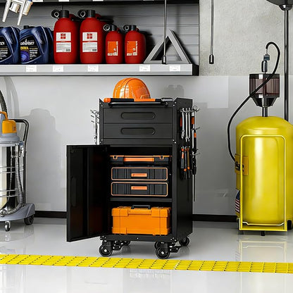 Small Garage Storage Cabinet with Wheels, Metal Rolling Tool Cabinet with 2 Drawers and 1 Door, Heavy Duty Tool Cabinet with Workbench, Assembly Required, Black