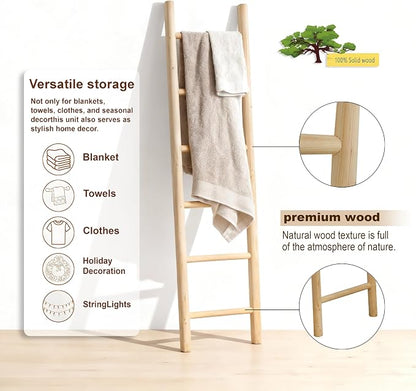 Wooden Blanket Ladder - 76in Natural & Motley Wood - Leaning Wall Decor for Bedroom, Bathroom, Living Room - Rustic Quilt Holder & Towel Rack (Light Wood Color, 76in | Pre Assembled)