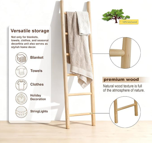 Wooden Blanket Ladder - 76in Natural & Motley Wood - Leaning Wall Decor for Bedroom, Bathroom, Living Room - Rustic Quilt Holder & Towel Rack (Light Wood Color, 76in | Pre Assembled)
