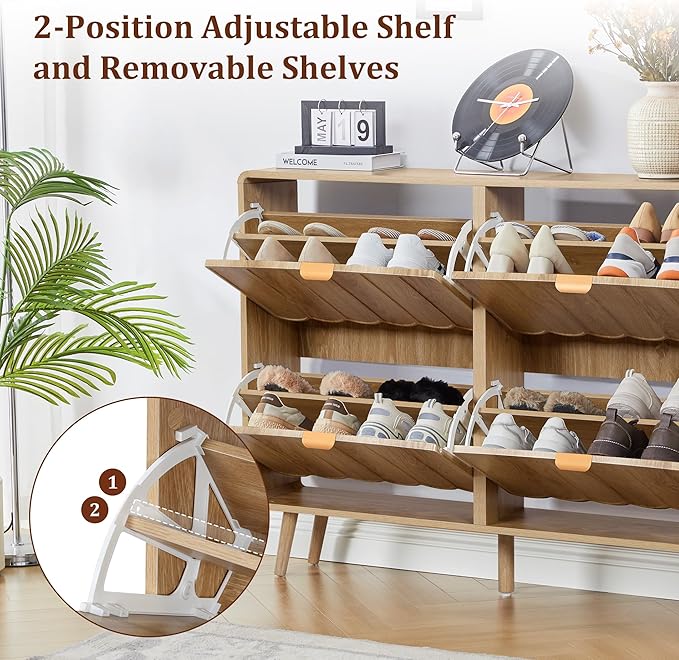 ORRD Shoe Storage Cabinet for Entryway with 4 Flip Drawers, Freestanding Narrow Wood Shoe Cabinet with Wave Panel, Hidden Shoe Organizer for Foyer, Hallway (Natural)
