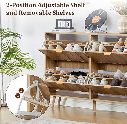 ORRD Shoe Storage Cabinet for Entryway with 4 Flip Drawers, Freestanding Narrow Wood Shoe Cabinet with Wave Panel, Hidden Shoe Organizer for Foyer, Hallway (Natural)