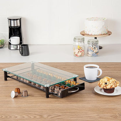 Restaurantware Restpresso 15.9 x 9.3 x 2.8 Inch Coffee Capsule Drawer 1 Heavy-Duty Pod Drawer - Holds 40 Nespresso Capsules Glass Top Iron Espresso Pod Organizer Mesh Tray Pods Not Included