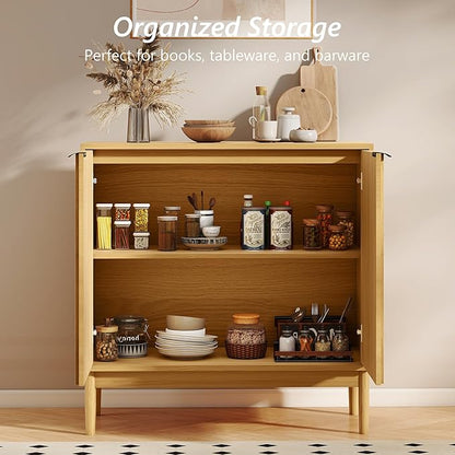 Fluted Cabinet with Storage, Buffet Cabinet Sideborad with 2 Doors, Natural Buffet Storage Accent Cabinets with Adjustable Shelves for Living Room, Entry, Hallway, Kitchen