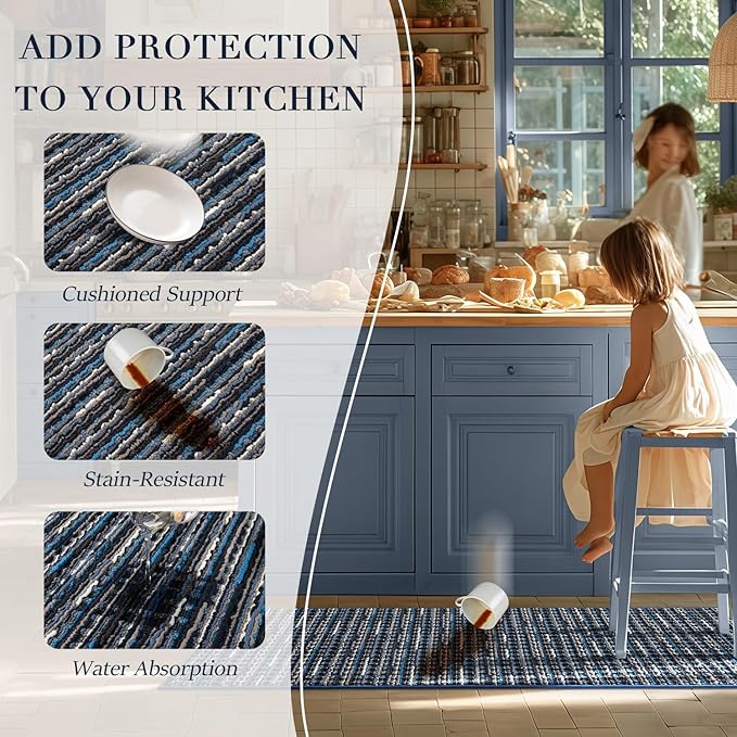 Kitchen Rugs Sets of 2-Non Slip Kitchen Mats for Floor-Thick Stain Resistant Vintage Kitchen Floor Mat Runner Carpet for Hallways Entryway Laundry Room Washable（Navy Blue 20"x47"+20"x32"）
