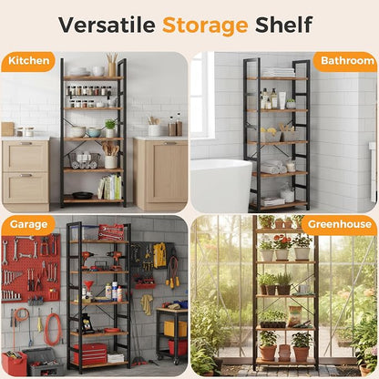 DUMOS 5-Tier Bookshelf, Modern Tall Bookcase, Open Storage Display Shelf for Living Room, Bedroom, Home Office, Narrow Standing Shelving Unit for Books, CDs, Décor，Rustic Brown