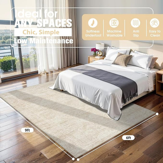 6x9 Area Rugs for Living Room Rug Washable: Abstract Rug for Dining Room Bedroom Carpet Non Slip 6 by 9 Indoor Modern Nursery Home Office Beige