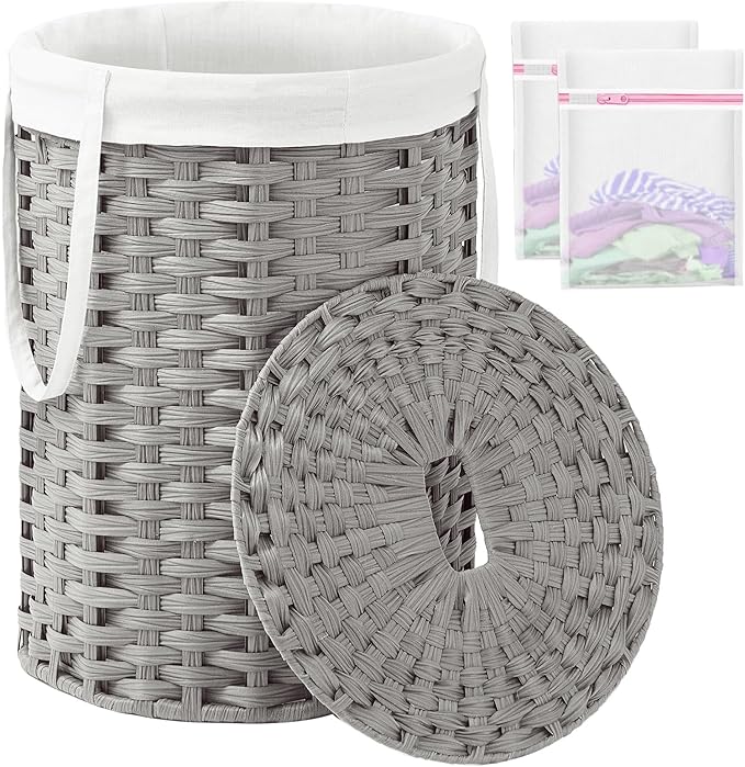 SETVSON Laundry Hamper with Lid Laundry Basket with Lid 19.0 Gal (72 L) Round Laundry Basket Handwoven Rattan Basket with Lid Removable Bag 2 Mesh Bags Handles for Living Room Bathroom Gray