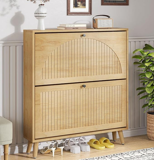 Fsbecl Shoe Storage Cabinet for Entryway with 2 Flip Drawers, Narrow Wood Shoe Cabinet with Fluted Panel, Freestanding Hidden Shoe Organizer for Foyer, Hallway (Wood Color - No Shelf)