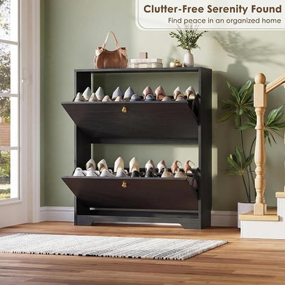 Nicetree Shoe Cabinet with 2 Flip Drawers, Narrow Shoe Organizer Cabinet, Freestanding Shoe Rack Cabinet, Modern Shoe Storage Cabinet for Entryway, Hallway, Foyer, Black