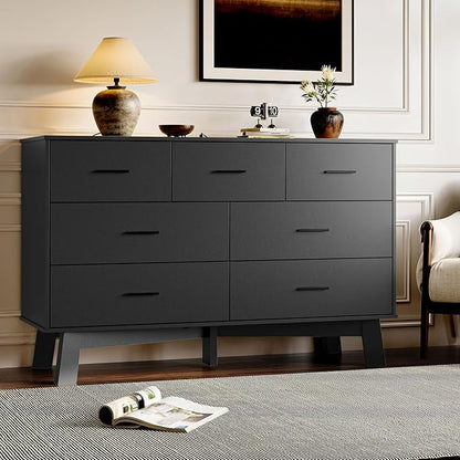 Dresser for Bedroom with 7-Drawer, 47.2" Wide Modern Chest of Drawers with Metal Handles, X-Shape Base & Adjustable Center Leg, Anti-Tip Closet Organizers and Storage