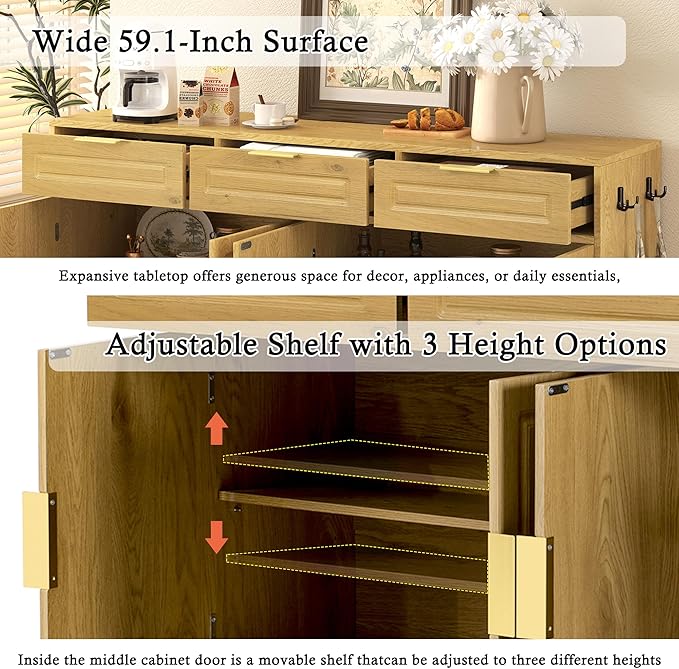 Sideboard Cabinet with 3 Drawers, 59.1" Multi-Functional Sideboard Buffet Cabinet with Storage, Buffet Table with Adjustable Shelf for Dining Room, Living Room, Entryway, Natural